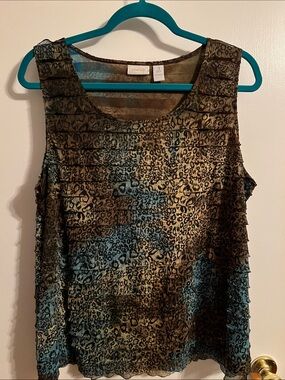 Chico's Teal and Brown Leopard-Print Ruffle Tank